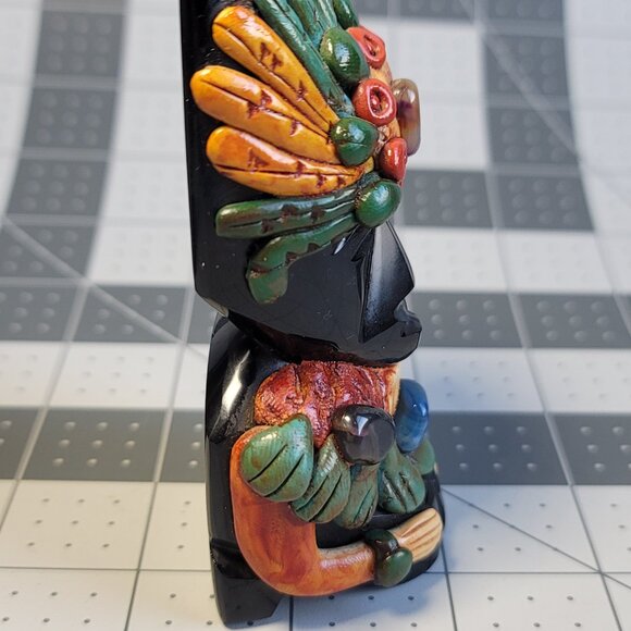 Carved Black Onyx Mexican Aztec Tribal Figurine Applied Decoration And Stones 4" - Picture 4 of 6